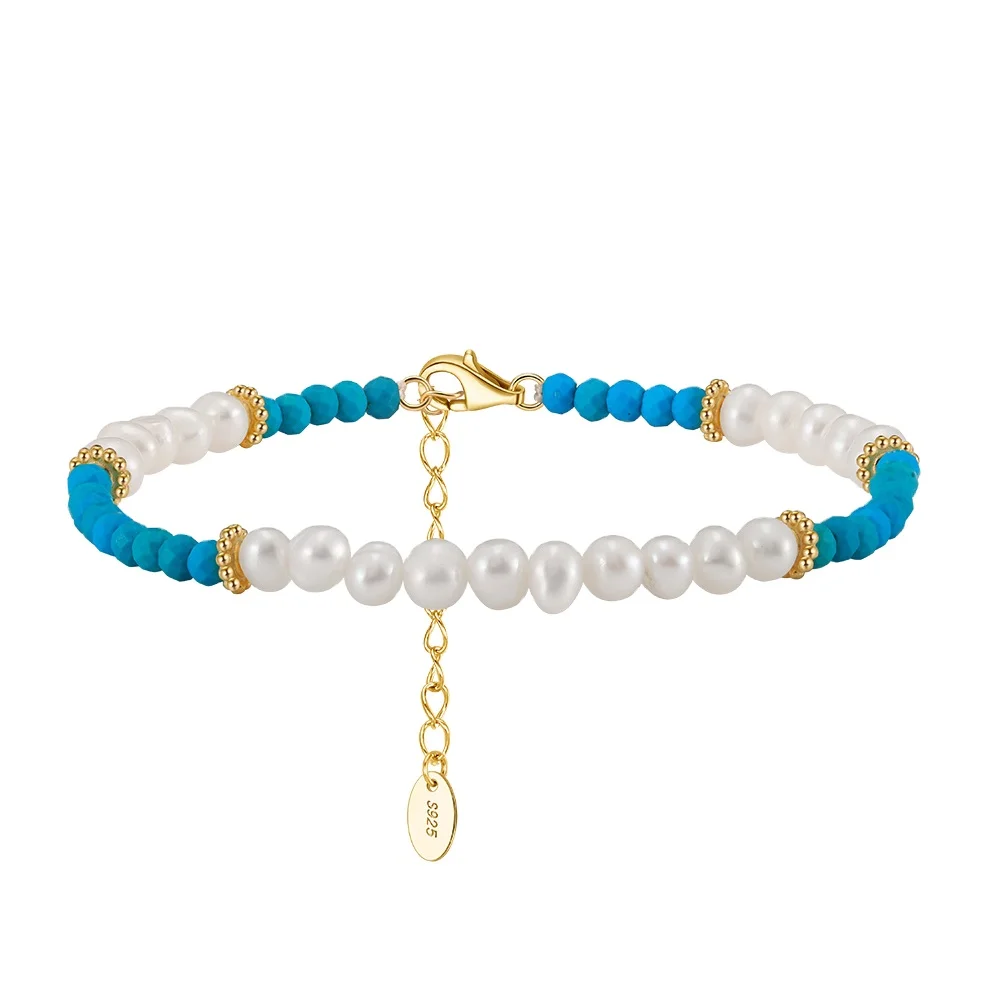 RINNTIN MPB01 Bohemian Style Vintage Holiday Natural Freshwater Pearl Turquoise Beaded K Gold 925 Silver Bracelet For Women