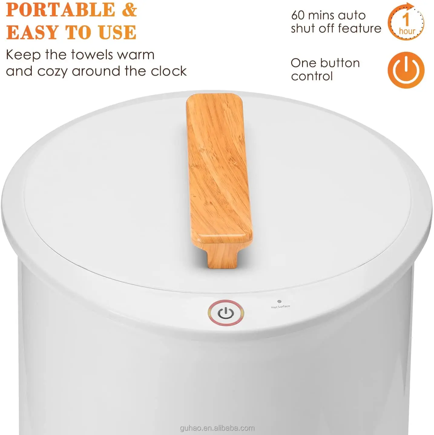 Large heated towel warmer bucket with safety auto shut off, fits 40x70 oversized towels