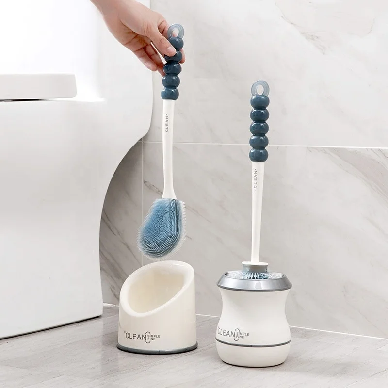 Bathroom Plastic Round Soft Long Handle Toilet Clean Bristles Scrubber Holder Silicone Brush Set