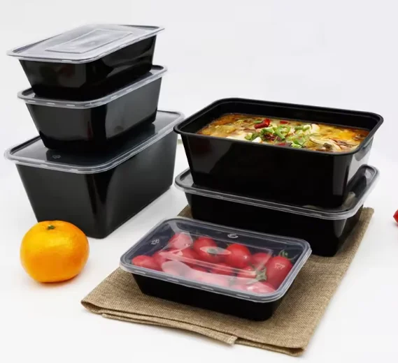 Custom 26 28 32 38 OZ Rectangular Black PP Takeout Food Container Base Disposable Plastic Bowl with 1 Compartment