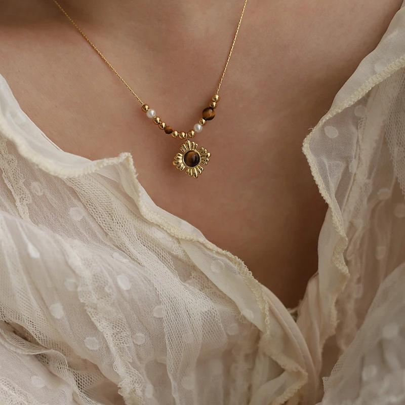 Caramel Brown Antique jewelry natural stone Tiger Eye beaded thin chain necklace 18k gold tarnish free stainless steel necklace