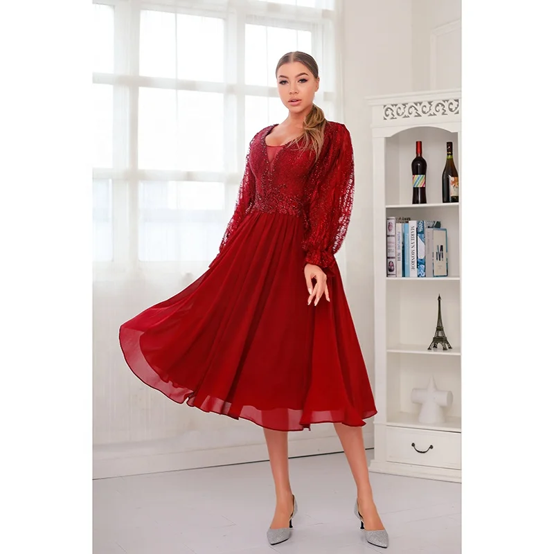  Plus Size Fashion Elegant Ball gown Short Mini Dresses Women Pure Red Lace Knee Length Party Evening With Long Sleeves