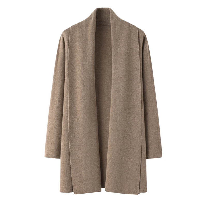 High Quality 100% Cashmere Knitted Cardigan with Autumn Winter Scarf Collar Solid Style Casual Front Logo Long Length