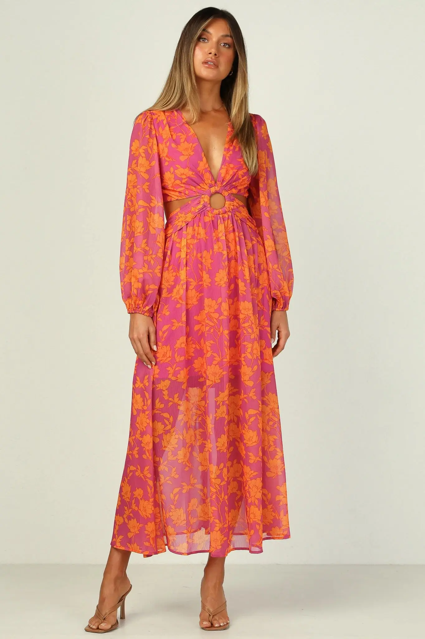 Spring Summer long sleeve backless cut out floral print chiffon dress