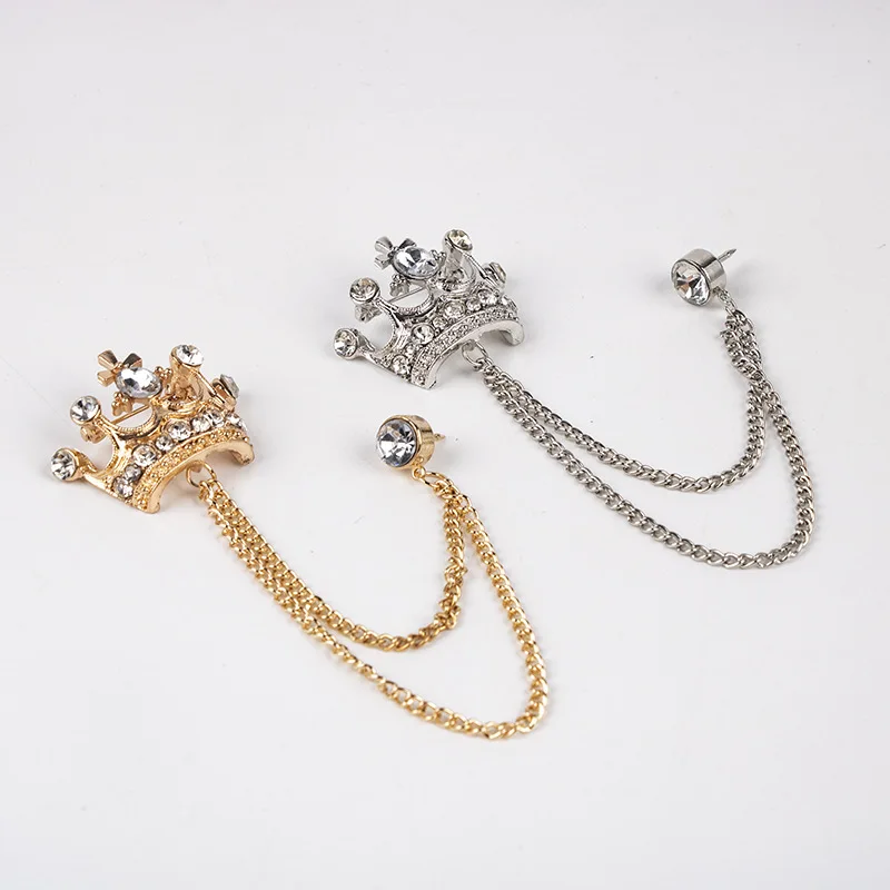 Fashion Brooch Vintage Crystal Crown Chain Pin For Men Jewelry Suits Accessories Lapel Badge Brooch