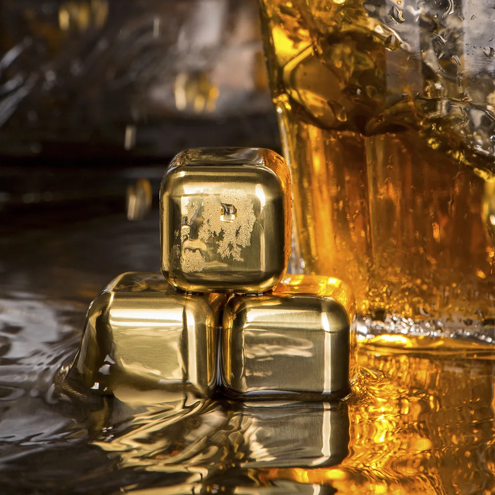 Customized engraved reusable cooler ice cube wholesale bar whiskey  accessories gold cubes