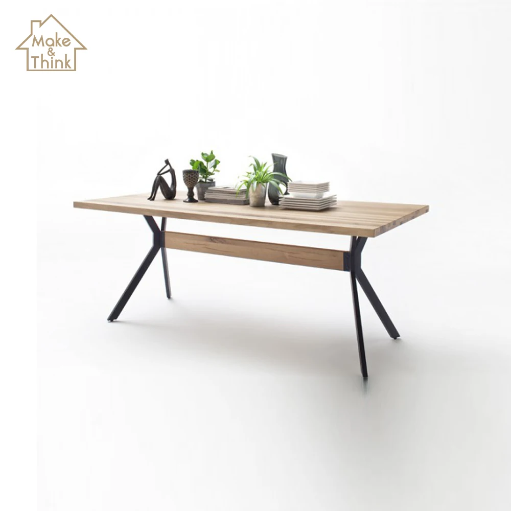 
Luxury furniture dining room table wood modern black metal legs 