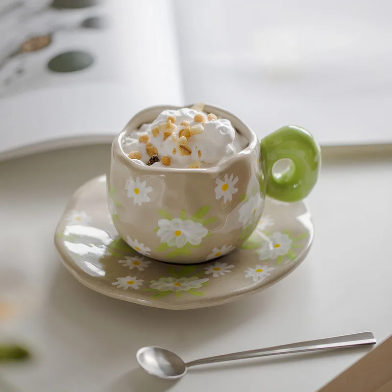 Hot Selling 300ml Handmade Ceramic Cup Saucer Set Irregular Hand-pinched Flower Pottery Mugs with Plates for Breakfast Tea