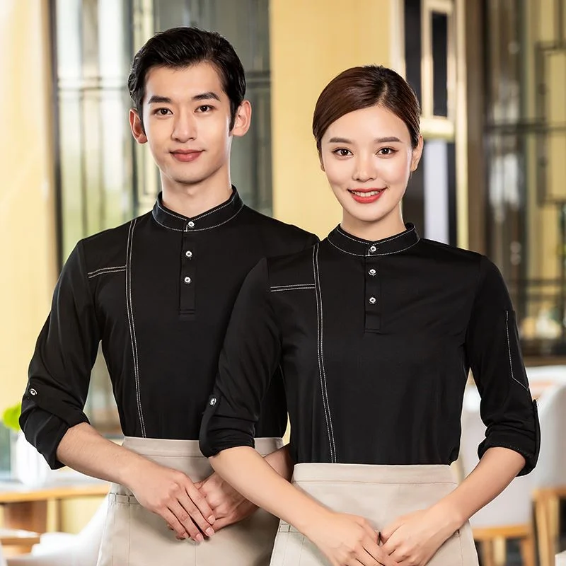 Wholesale Coffee Bar Restaurant Hotel Staff Long Sleeve Working Shirt Custom OEM Logo Catering Staff Uniform for Waiter Waitress