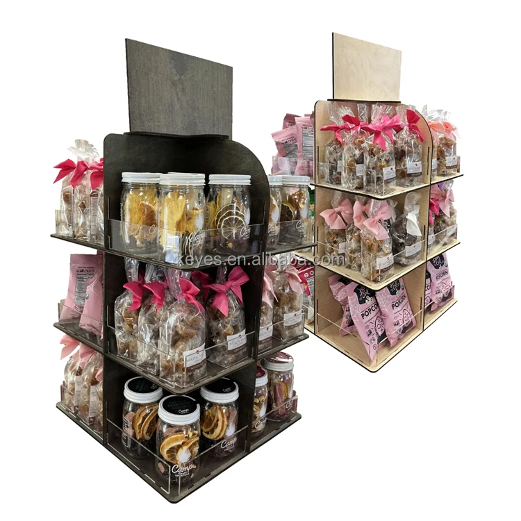New Retail Store Fixtures Wooden Rotating Acrylic Counter Candy Snacks Display Stand Custom Card Jewelry Earring Display Stand