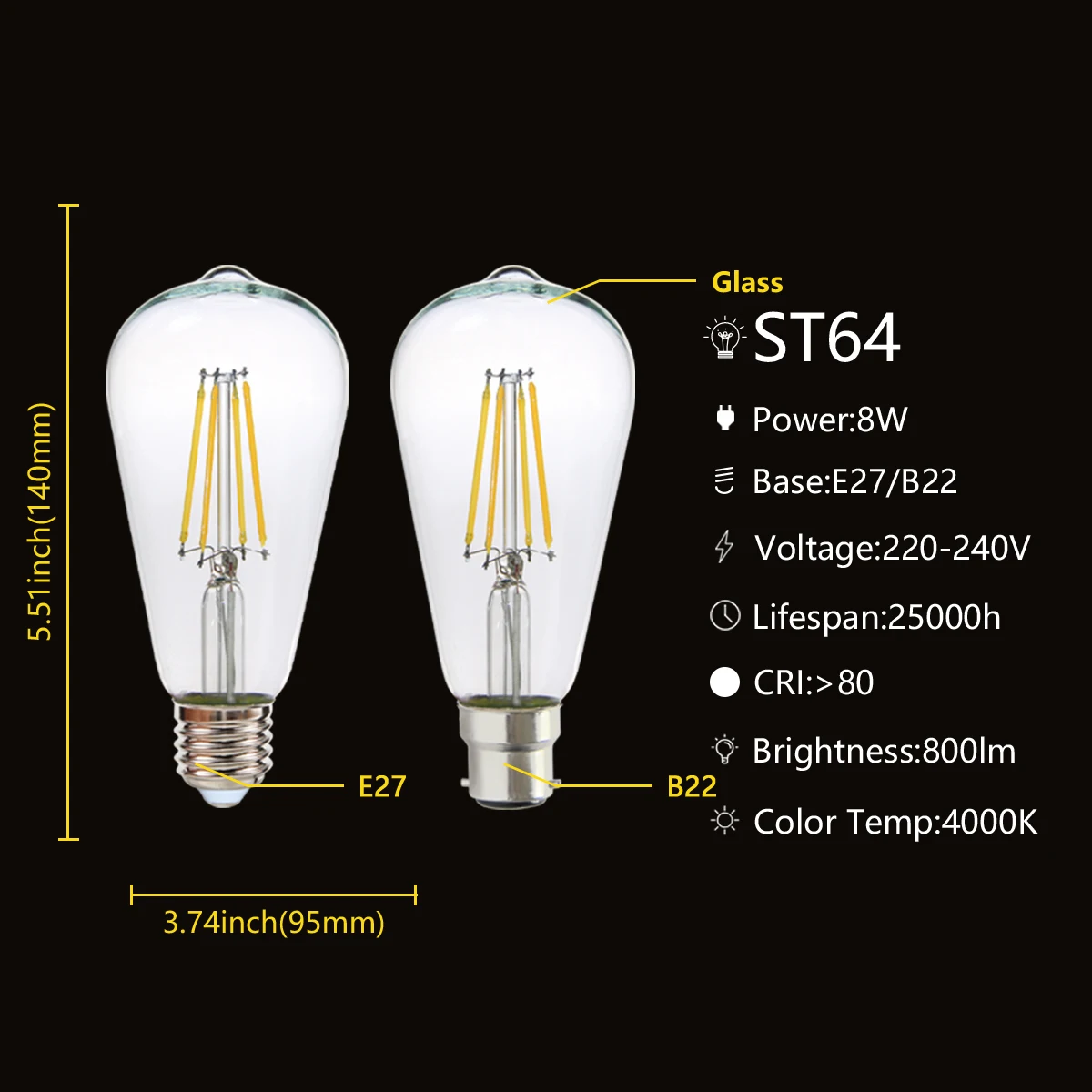 AC220-240V 300 градусов 8 Вт B22 E27 4000K высокое качество ST64 светодиодные лампы накаливания винтажная лампа Эдисона в стиле ретро для нескольких сценариев