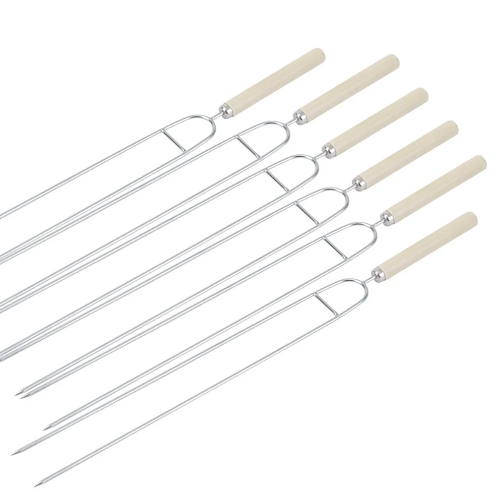 Wholesale Wooden Handle U Shaped Grill Fork chicken Wing Fork Wooden Handle stainless Steel Roasting Sticks Chicken Wings Fork