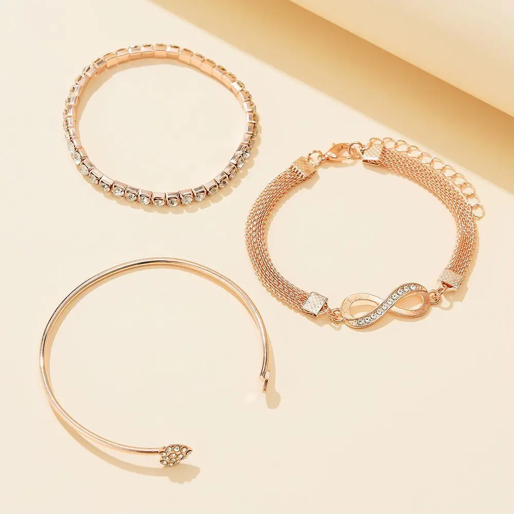 3pcs/set Full Diamond Crystal Peach Heart Open Charm Bangle Bracelet Multilayer Infinity Heart Bracelet Unisex Party Wedding