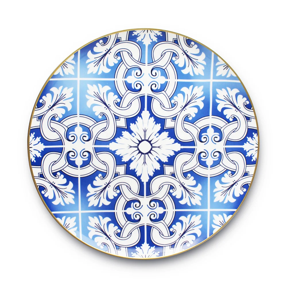 Wholesale gold rim bone china charger plates blue and white wedding design dinnerware sets