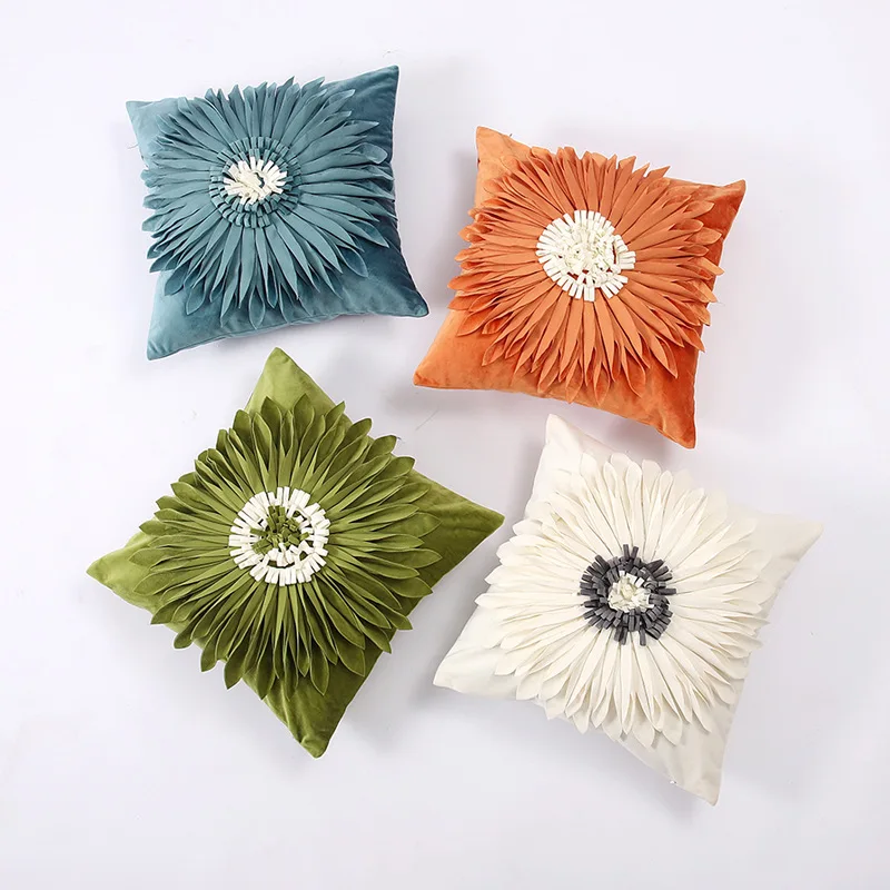 Nordic ins style Handmade three-dimensional flower throw pillow case light luxury Sun flower velvet sofa pillows