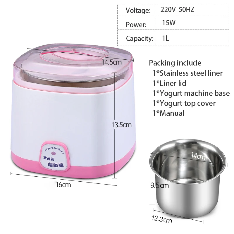 
1L capacity Automatic Stainless Steel Liner Home DIY Yoghourt Container Yogurt Maker Machine 