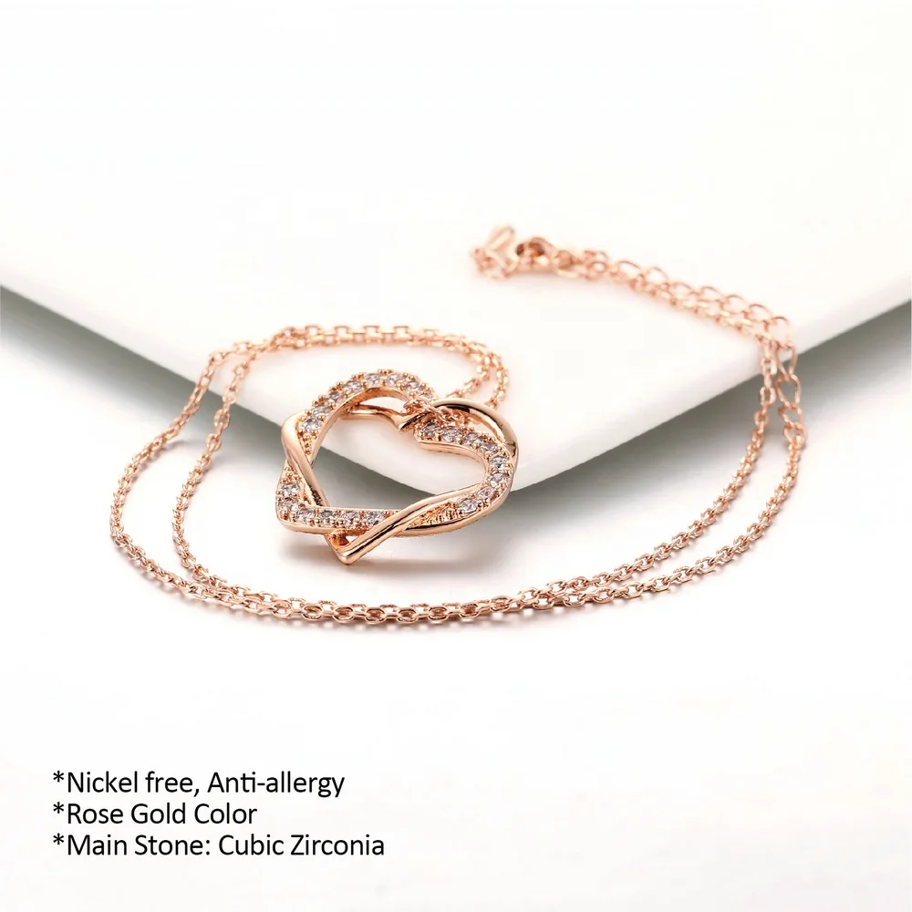 N062 China Wholesale Good Quality Birthday Gifts CZ Zircon Love Forever Double Heart Pendant Necklace
