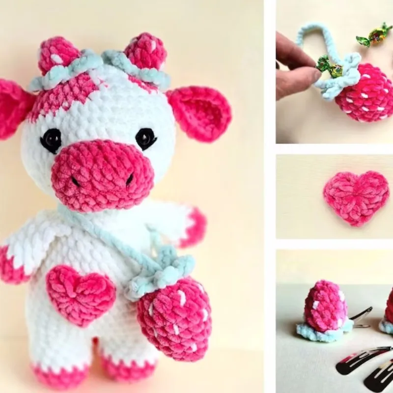 Custom Toys Pink Plushies Pelotes De Laine Strawberry Cow Stuffed Animal Plushie Plush Toy Cheveux Au Amigurumi Crochet Doll Cow