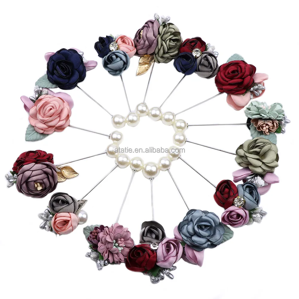 Romantic Wedding Corsages Men Women Cloth Art Pearl Fabric Flower Boutonniere Colorful Brooches Groom Groomsmen Suit Brooch Pin