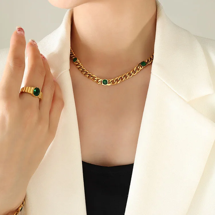 Custom Wholesale Ladies 18K Gold Plated Stainless Steel Korean Style Zircon Cuban Link Necklace Women Bracelet Jewelry Set