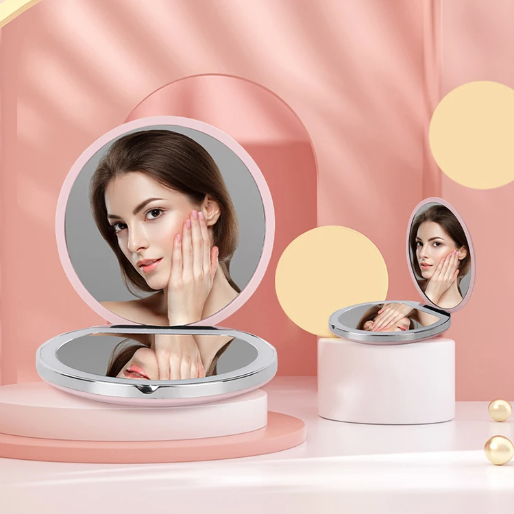 Производитель OEM круглые двухсторонние зеркала для макияжа складное маленькое косметическое карманное зеркало мини светодиодное
