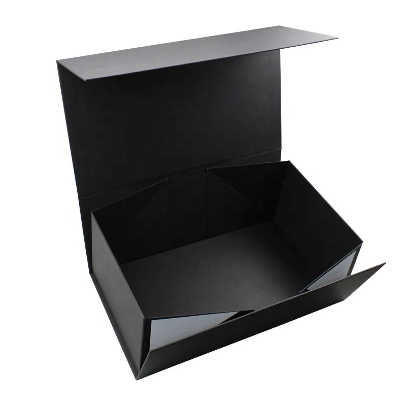 Customize Logo Printed Black Paper Flat Pack Rigid Cardboard Clothing Cosmetic Shoe Foldable Packaging Magnetic Folding Gift Box