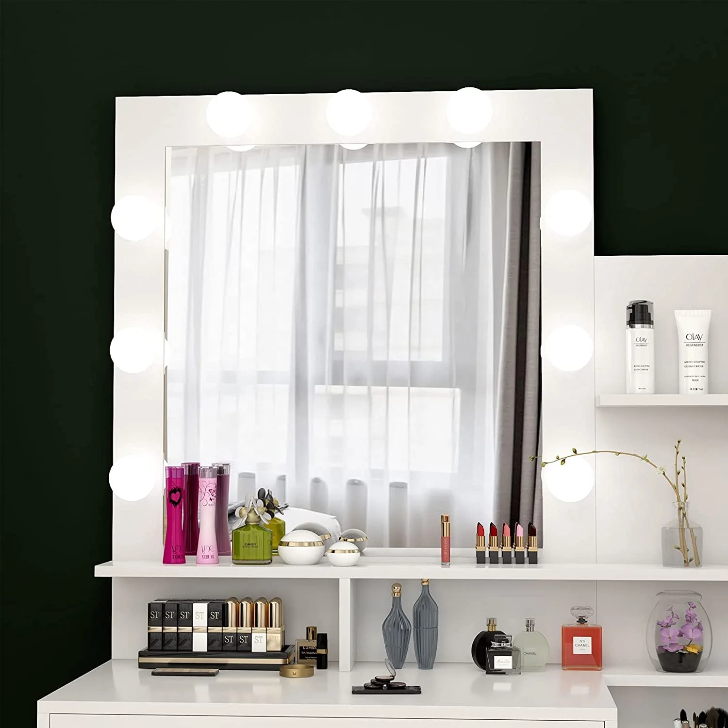 Dressing table with illuminating mirror, makeup dressing table with LED lamp, drawer, storage rack and upholstered stool, small