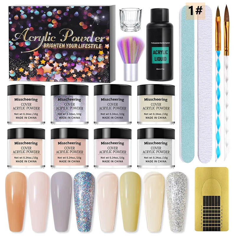8 colors Acrylic Powder Nail kit Color packaging monomer acrylic nail liquid set with Acrylic Nail Brush for beginners at home
