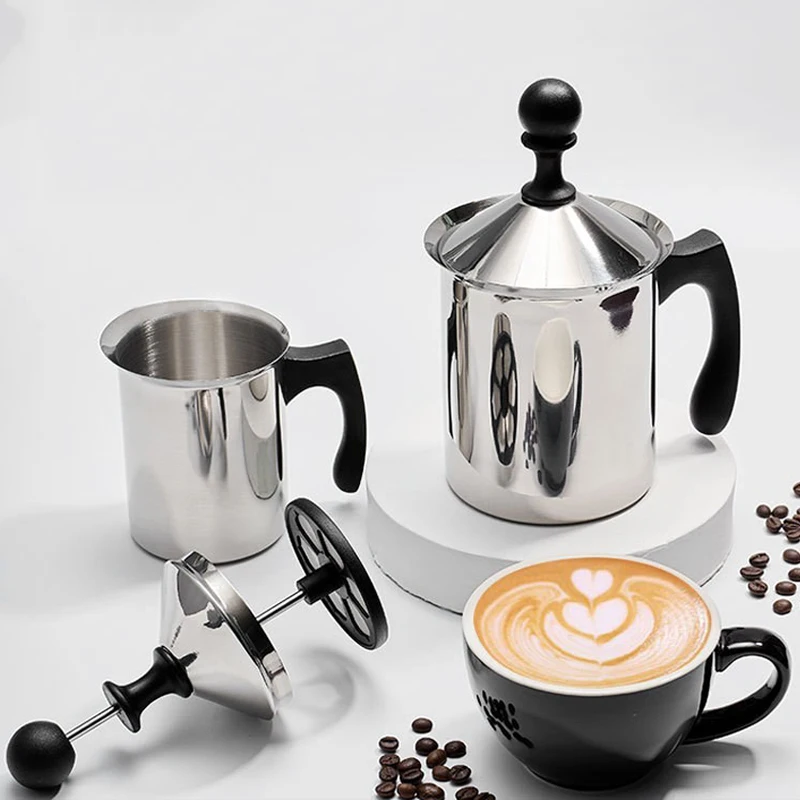 400/800ml Hand Pump Manual Milk Frother Stainless Steel Double Mesh Milk Foam Maker Latte Coffee Mixer Stirring Cup with Handle