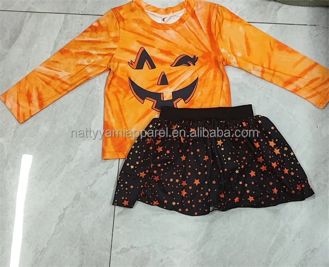 Long Sleeve Pumpkin Face Print Tops Mini Skirt Toddler Halloween Kids Girls Two Pieces Set