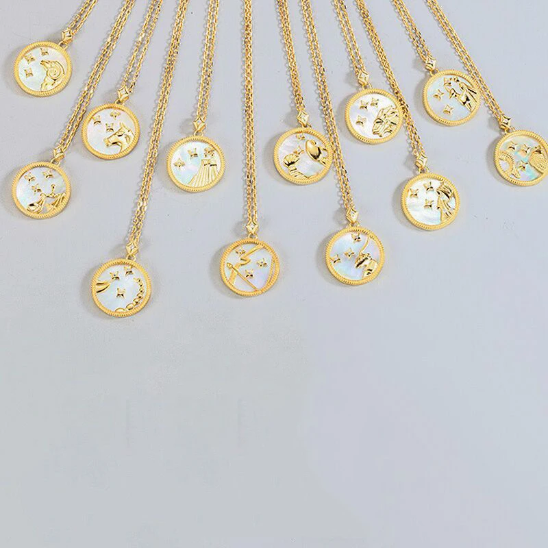 18K Gold Plated Coin Zodiac 12 Con-stellation Carved Logo Astrology Pendant Chain Personalized Simple Jewelry Necklace