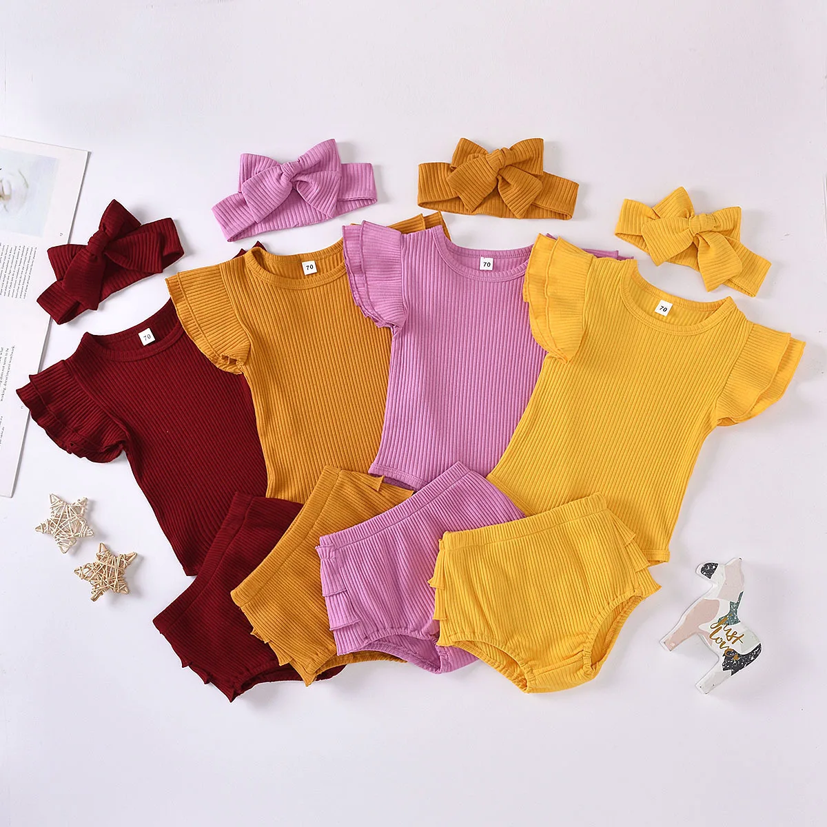 Children Summer Kids Clothing Flutter Sleeve Cotton Tank Top Infant Toddler Baby Clothes Sets Girls 3 pcs Rib Outfit Cloth Set