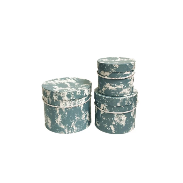 
Custom natural cement texture fashion gift box fashion simple round hat box with handle flower 