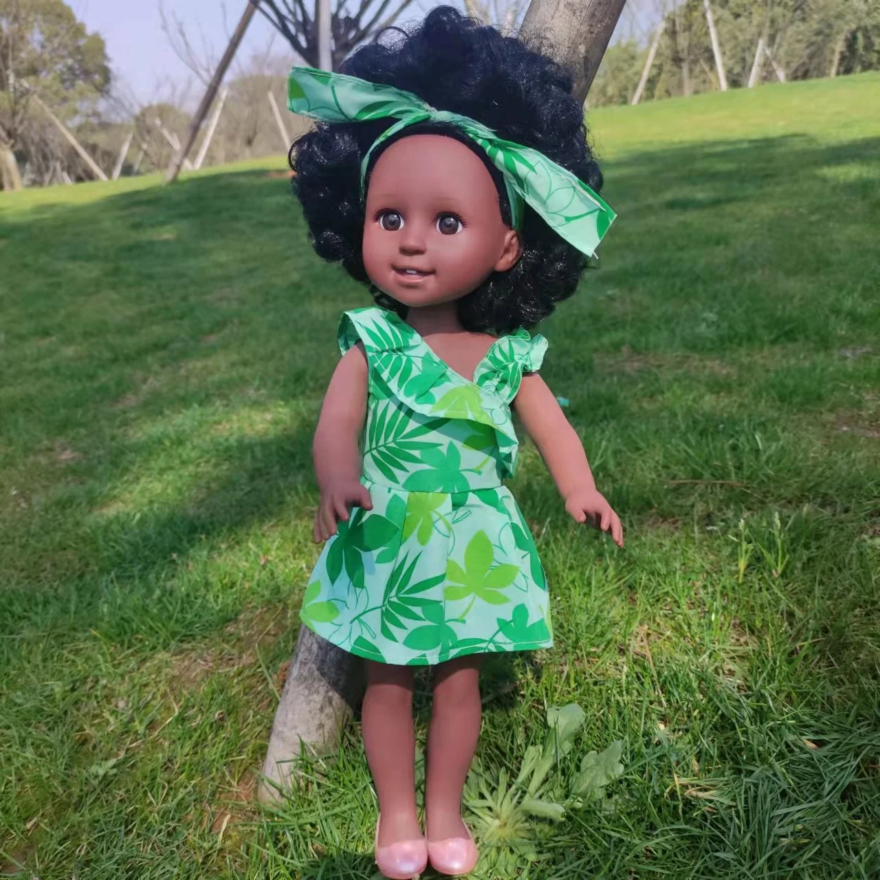 Factory direct sale 15 inch full vinyl can take a bath and dress up curly hair african black doll