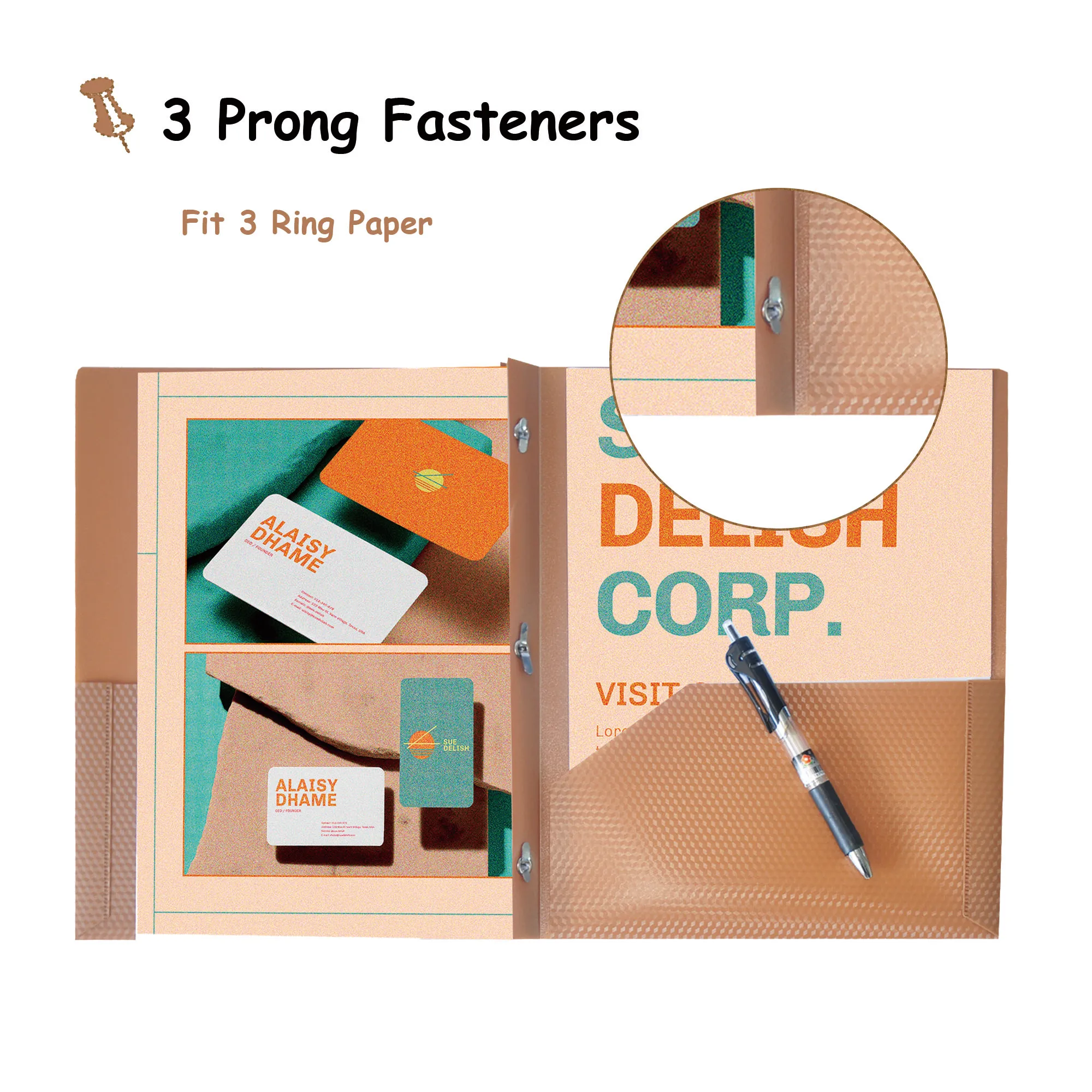 Letter Size Poly Plastic PP Two Pockets Portfolio Files Holder Documents Folder With 3 Metal Prongs