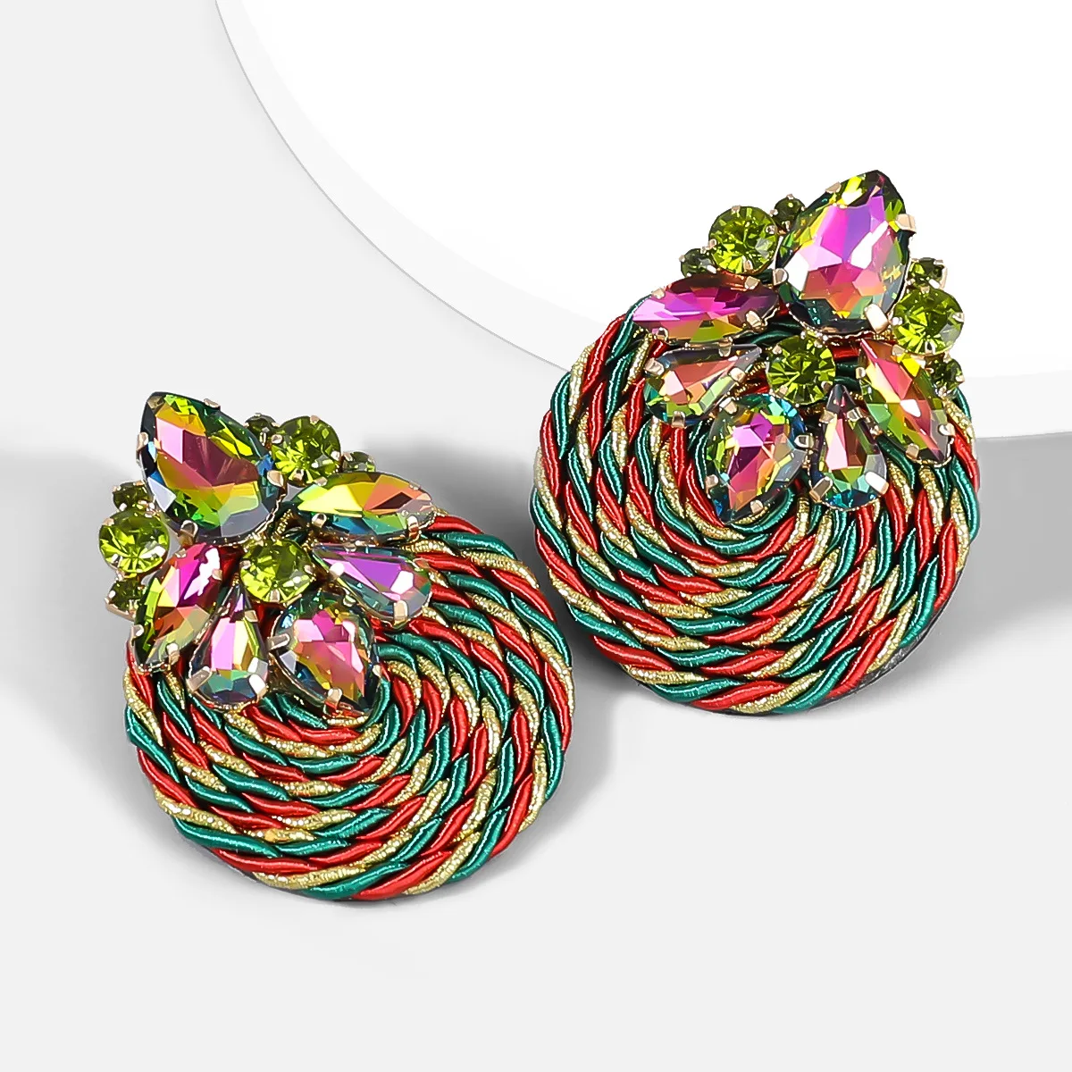 New geometric alloy glass diamond earrings polyester elastic cord braided round earrings jewelry for women