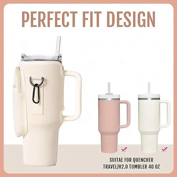 Portable Neoprene Water Bottle Carrier Bag for Stanley Tumbler with Zipper Pocket and Adjustable Strap for Hiking