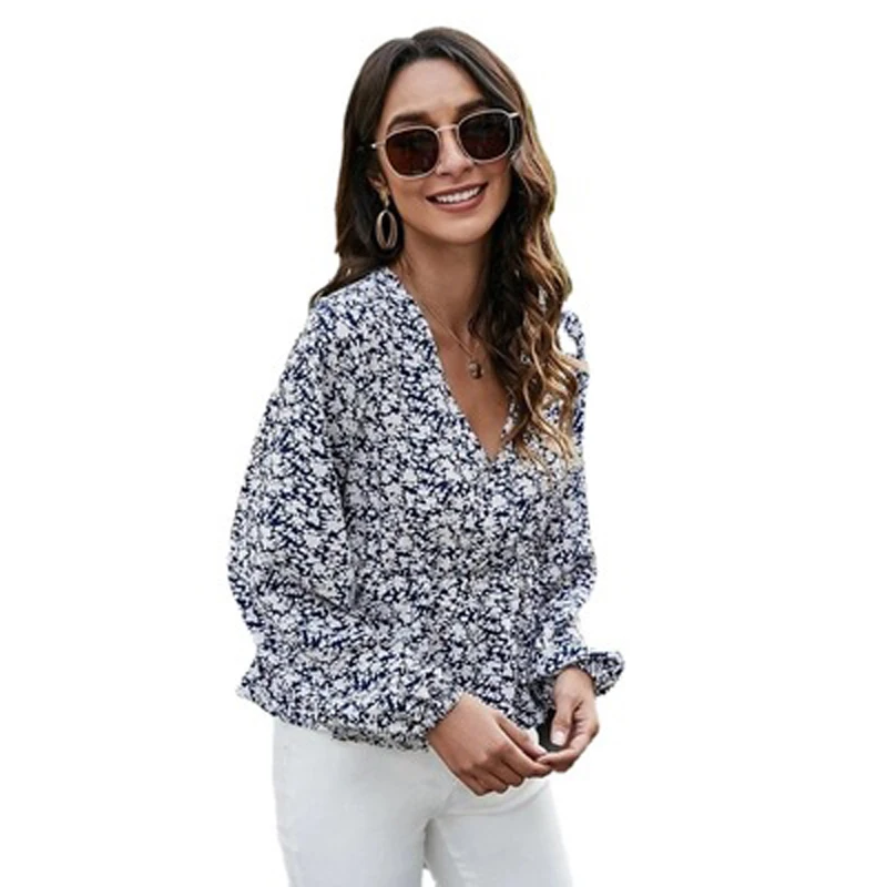 
spring summer fall Allover floral print V-neck ruffle hem wrap surplice front women long sleeve chiffon top blouse 