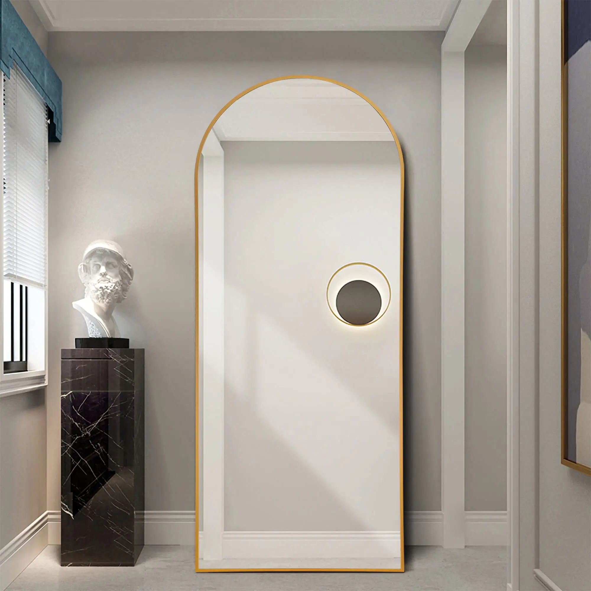 Gold Full-Length Arch Mirror Floor-to-Ceiling Metal Wire Drawing LED Lighting Glass Material Living Room Decoration Bathroom Use