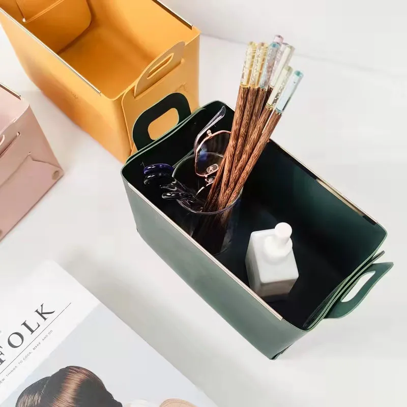 Desktop PU Leather Storage Box Foldable Sundries Storage Basket Leather Metal Tray With Handle Home Decor