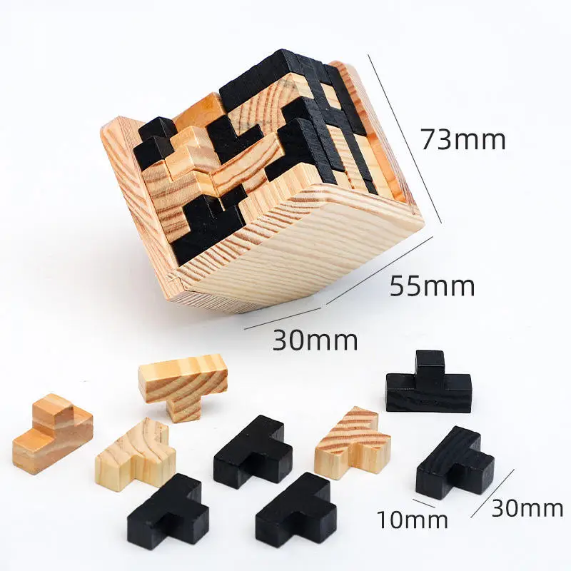 Brain Teaser Cube Puzzle Toy 3d Wooden Brain Teaser 54 Pieces T-shaped Blocks Geometric Puzzle Educational Toy