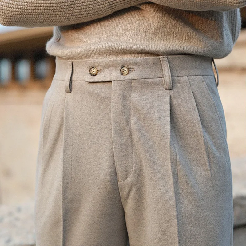MCP054 Italian Style Mens Naples Trousers High Waist Side Buckle Pant Fitness Double Pleated Mens Business formal Pants