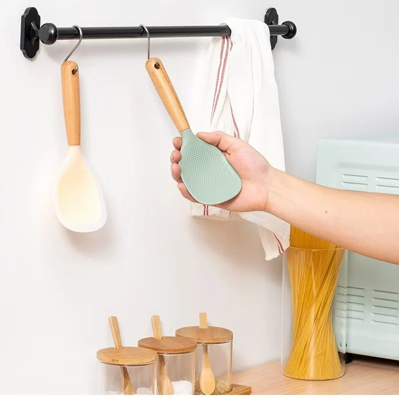 2 Pcs Wooden Handle Silicon Rice Paddle Non Stick Standing Rice Spoon Scooper Spatula Heat Resistant Rice Cooker Spoon White