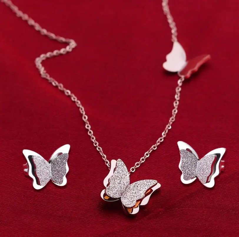 Custom 18k gold plated butterfly heart charm necklace earrings dainty 316L stainless steel couple necklace for bride jewelry set