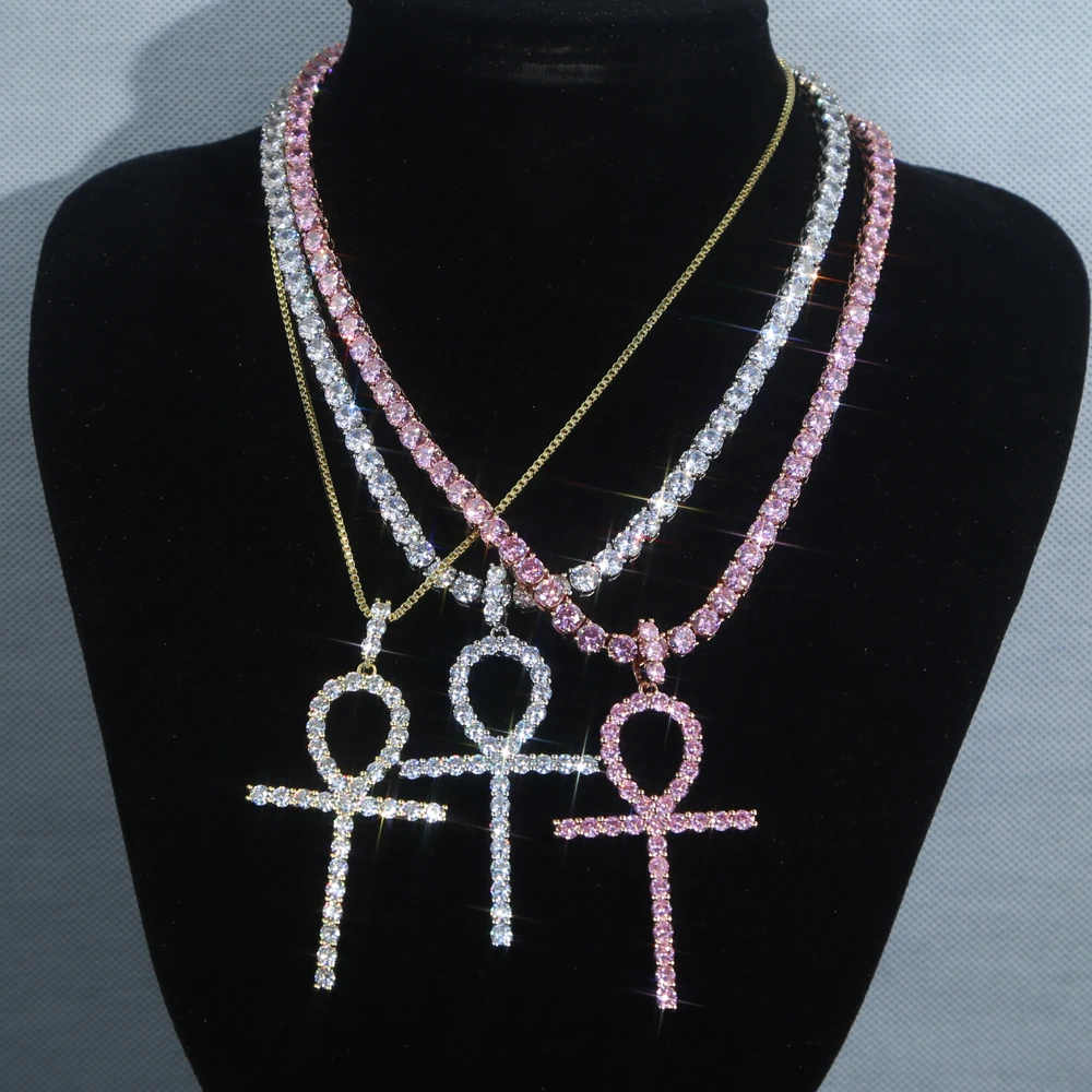 Trendy Design Iced Out Ankh Cross Pendant Necklace Micro Pave 5A Cubic Zirconia Cz Tennis Rope Chain Bling Women Jewelry