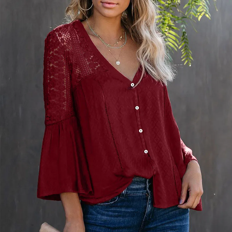 Женская шифоновая блузка с V-образным вырезом, длинным Расклешенным рукавом