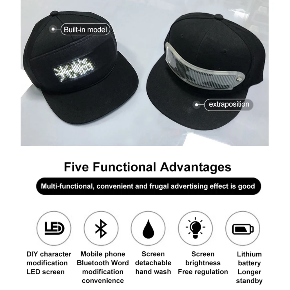 Usb Rechargeable Unisex Baseball Cap App Programmable Led Scrolling Message Display Board Hip Hop Street Advertising Hat Factory