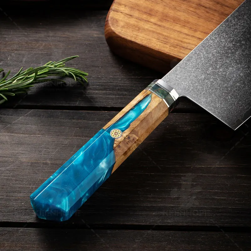 7 Inch Cleaver Knife Damascus Kitchen Knife 67 Layers Damascus Steel with Resin Adn Wood Handle Blue