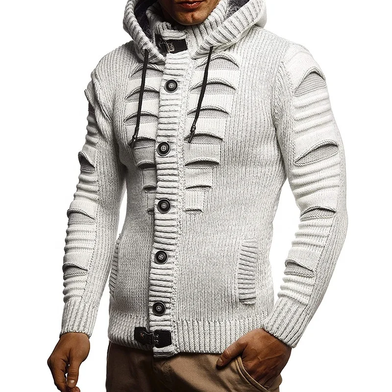Amazon Men Jacket Hooded Knit Cardigan Sweater With Button Long Sleeve Winter Thick Knitting Sweaters