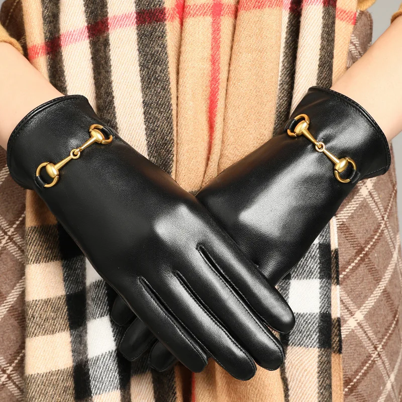 Leather gloves ladies winter warm plush thickened touch screen drive riding fashion trim hand layer sheepskin tide